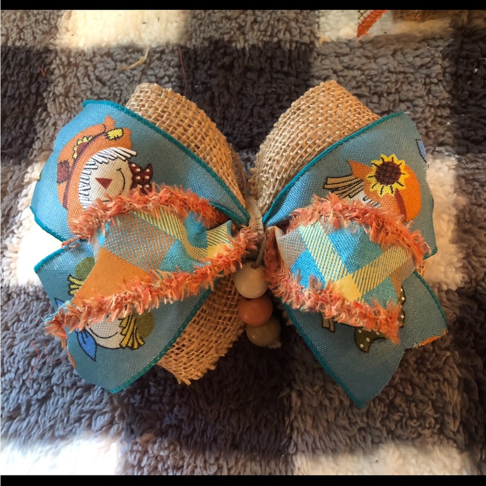 Burlap teal scarecrow bow for door hanger or wreath etc.